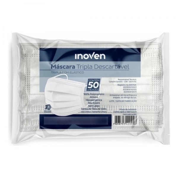 MÁSCARA TNT TRIPLA C/ CLIPE C/ 50 UN INOVEN